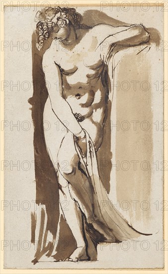Female nude with raised left leg, pen in brown, washed, over black chalk over pencil, laminated on cardboard, sheet: 19 x 11.6 cm (largest mass), not marked, Johann Heinrich Füssli, Zürich 1741–1825 Putney Hill b. London