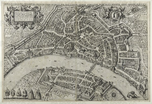 Large birdshow of the city of Basel from the northeast, 1617 (after a preliminary drawing from 1615), etching of four plates, composed of four arches, mounted, image: 70.5 x 105.5 cm |, 35 x 53.5 cm, O. inscribed, signed and dated: NOVA ET GENVINA DESCRIPTIO INCLYTAE VRBIS BASILEAE PER MATTHAEVM MERIAN [...] M D CXV., Matthäus Merian d. Ä., Basel 1593–1650 Bad Schwalbach
