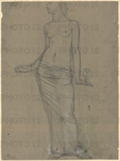Frontal, female half act, pencil, heightened with white on gray paper, page: 39.6 x 20.3 cm, on the right edge with pencil calculations, Hans Brühlmann, Amriswil/Thurgau 1878–1911 Stuttgart