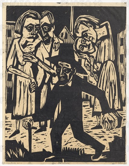 The Stranger (The Man Who Roams the City), 1924/25, woodcut on paper, self-printing, folia: 57.3 x 44.1 cm (largest mass) |, Picture: 55.1 x 42.5 cm (largest mass), U.l., marked in pencil, Autogenous pressure, next to it with pen in brown: No 12 [?], u, ., M. in pencil - apparently over an earlier, erased name - denotes: the stranger, u.r., signed: H. Scherer, Hermann Scherer, Rümmingen/Baden-Württemberg 1893–1927 Basel