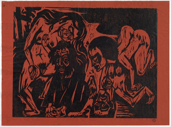 Temptation of Anthony, 1924, woodcut on red paper, sheet: approx. 47.5 x 63.7 cm |, Picture: about 42 x 54.7 cm, not marked, Hermann Scherer, Rümmingen/Baden-Württemberg 1893–1927 Basel