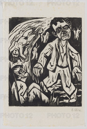 Sheet from the portfolio The Koral of the Big Baal (after Bertolt Brecht), 1925, woodcut on Japanese paper, with original passe-partout (detached), sheet: 46.5 x 30.9 cm (largest mass) |, Picture: 33.1 x 27.3 cm (largest mass), U.r., Signed in pencil: H. Scherer, Hermann Scherer, Rümmingen/Baden-Württemberg 1893–1927 Basel