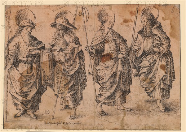 Four standing apostles: Matthew, Simon, Judas Thaddäus (?), Matthias, 1457 (?), Feather in black, on reddish-tinted paper, later additions with a paler feather, folia: 20.8 x 29.3 cm, O. each above the figures with, Pen inscribed: math [us], Simon, [, Cut, ], Mathia, below the figure of Simon: Frichissen beißbrg., 1457 torckem [?!, verso: thaman, Philip, [us], John, partholome, [us], Anonym, Süddeutschland, 1457 (?)