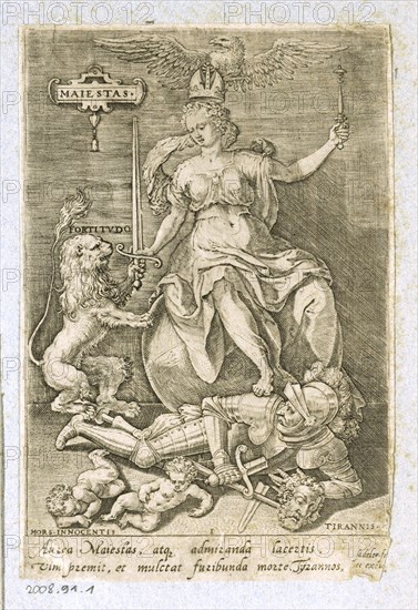 Personification of Majesty (Maiestas), 1579, copperplate engraving on paper, foliate: ca. 14 x 9 cm, O. l., in a cartouche: MAIESTAS, further down: FORTITVDO, u, ., l .: MORS., Innocenti, u, ., r .: TIRANNIS ., u, ., numbered in the middle: I, below the image text box with two lines: Aurea Maiestas [...], ibid. r., signed: Sadeler f [circumcised], et excu [circumcised], Marten de Vos, Inventor, Antwerpen 1532–1603 Antwerpen, Johannes Sadeler I, Stecher und Verleger, Brüssel 1550–1600 Venedig (?)