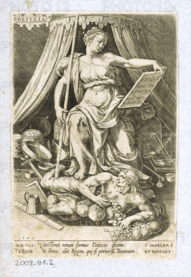 Personification of Politics (Politeia), 1579, copperplate engraving on paper, sheet: ca. 14 x 9 cm, O. l., in a cartouche: POLITEIA, further inscriptions in the illustration, u, ., l, ., dated: 1579, below the image Text field with two lines: Constituit rerum [...], Ibid., signed: .M.D.VOS., I [N] VE [N] GATE, r .: .I.SADELER.F., ET EXCVDIT, Marten de Vos, Inventor, Antwerpen 1532–1603 Antwerpen, Johannes Sadeler I, Stecher und Verleger, Brüssel 1550–1600 Venedig (?)