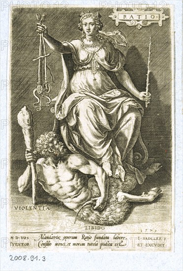 Personification of Reason (Ratio), 1579, copperplate engraving on paper, folia: appr. 14 x 9 cm, O. r., in a cartouche: RATIO ., further inscriptions in the illustration, u, ., r., dated: 1579, below the image text field with two lines: Mandatrix operum [...], Ibid., signed: .M.D.VOS., I [N] VENTOR, r .: .I.SADELER.F., .ET., EXCVDIT, ., Marten de Vos, Inventor, Antwerpen 1532–1603 Antwerpen, Johannes Sadeler I, Stecher und Verleger, Brüssel 1550–1600 Venedig (?)