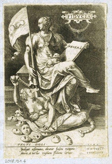 Personification of Faithfulness (Fiducia), 1579, copperplate engraving on paper, folio: ca. 14 x 9 cm, O. r., in a cartridge: FIDVCIA, further inscriptions in the illustration, u, ., r., dated: 1579, below the image text box with two lines: Indiget asseruans [...], ibid. r., signed: .M.D.VOS., I [N] V [ENIT]., .I.SADELER.F., Marten de Vos, Inventor, Antwerpen 1532–1603 Antwerpen, Johannes Sadeler I, Stecher und Verleger, Brüssel 1550–1600 Venedig (?)