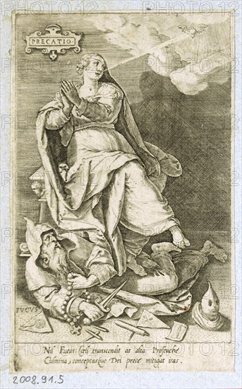 Personification of Prayer (Precatio), 1579, copperplate engraving on paper, folia: appr. 14 x 9 cm, O. l., in a cartridge: PRECATIO, further inscriptions in the illustration, below the image text box with two lines: Nil Fucus [...], Marten de Vos, Inventor, Antwerpen 1532–1603 Antwerpen, Johannes Sadeler I, Stecher und Verleger, Brüssel 1550–1600 Venedig (?)