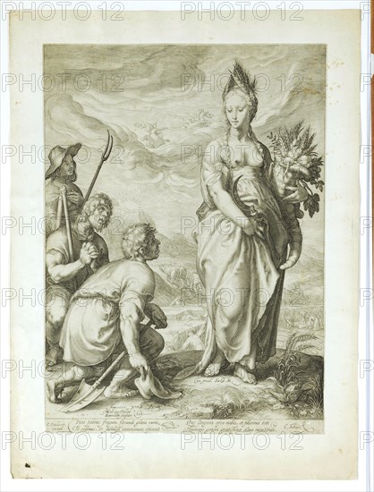 Cult of Ceres, 1596 (imprint before 1656), copperplate, plate: 45 x 32.7 cm |, Leaf: 45 x 32.7 cm, U. l., dated and inscribed: Anno., 1596., HGoltzius [HG lig.] Inuent., JSanredam [JS lig.] Sculptor ., u, ., M. numbered: I ., under the feet of Ceres: Cum privil., Sæ, ., CAE, ., M ., l, ., under the image field: C. Dankerts, excud ., M .: Diva potens frugum, fæcundi gloria ruris, Te colimus, te submissi veneramur, opimas, Que largiris opes nobis, et plurima toti, Humano generi gratissima dona ministras ., r .: C. Already [a] eus., Hendrick Goltzius, Inventor, Mühlbrecht 1558–1617 Haarlem, Jan Saenredam, Stecher, Zaandam 1565–1607 Assendelft, Cornelis I. Danckerts, Verleger, Amsterdam 1604–1656 Amsterdam