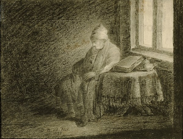 Jeremiah Wildt-Socin in the house skirt (Beatus ille qui procul negotiis), 1788, charcoal or black chalk on paper, in old wooden frame, leaf: 19 x 25.5 cm (light measure), U.l., Monogrammed and dated with charcoal or black chalk: D.B. ad., Nat., 1788., Daniel Burckhardt-Wildt, Basel 1752–1819 Basel