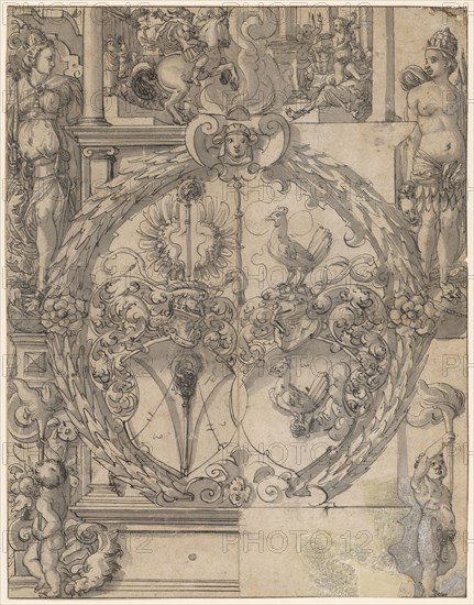 Broken glass with the alliance coat of arms Bischoff-Han, flanked above by Europe and America, in the upper image sacrificial death of Marcus Curtius, around 1590, pen in black, gray washed, mounted, sheet: 34 x 26 cm, color information, Hans Jakob Plepp, Biel um 1557/60 – 1597/98 wohl in Bern