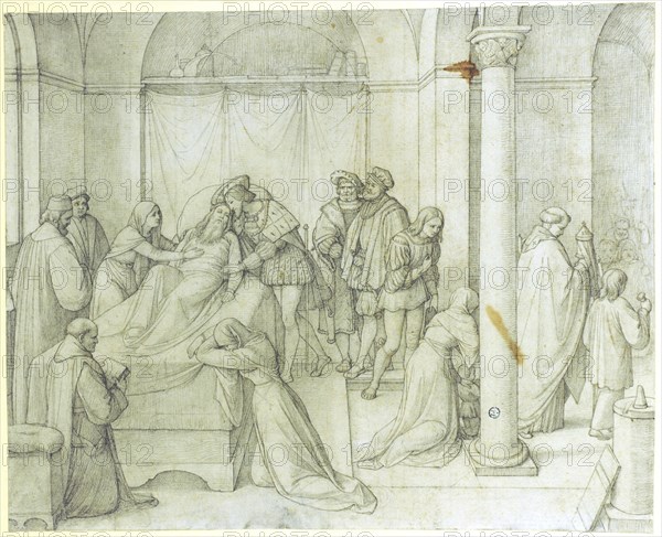The death of Leonardo da Vinci in the arms of Francis I of France, 1816, pencil, in places strongly gripped by break with blackened back, sheet: 33.2 x 41.3 cm, unmarked, Friedrich Overbeck, Lübeck 1789–1869 Rom