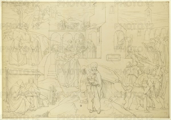 Vita Sanctae Marinae (The Life of St. Marina), 1838, pen and brush in gray and black over pencil, Edging line with pen in black, sheet: 50 x 71.4 cm |, Image: 49 x 70.6 cm, Centered on a blackboard with pen inscribed: VITA, SANCTAE MARINAE, Edward Jakob von Steinle, Wien 1810–1886 Frankfurt