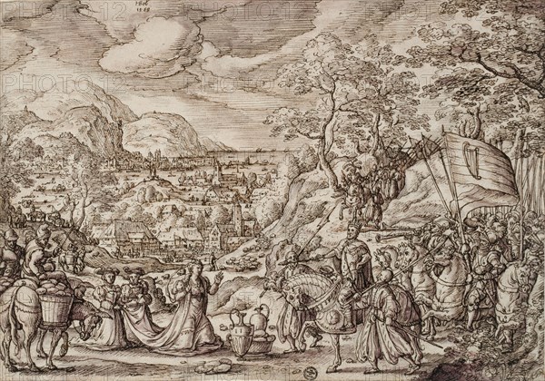 The meeting of David and Abigail in the wider landscape, 1568, feather in gray brown, violet washed, sheet: 21.1 x 30 cm, O. l., Signed and dated in gray brown with feather: HBol 1568, Hans Bol, Mecheln 1534–1593 Amsterdam