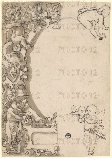 Broken glass with oval frame and empty middle picture, in the corners putti, c. 1570/75, feather in black, brown washed, remains of a preliminary drawing with black pencil, sheet: 20.6 x 14.5 cm, unsigned, Hans Brand, Basel 1552–1577/78 (?) Basel