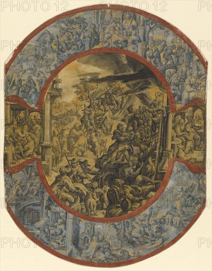 The History of Jacob and the Egyptian Joseph, c. 1590/95, feather (black), middle and side pieces gray, upper and lower marginal piece gray-blue washed, all pieces in gold and partly heightened in white, glued frame in red, leaf: 43.2 x 32.9 cm, Wendel Dietterlin d. Ä., Pfullendorf/Baden 1550 oder 1551–1599 Strassburg