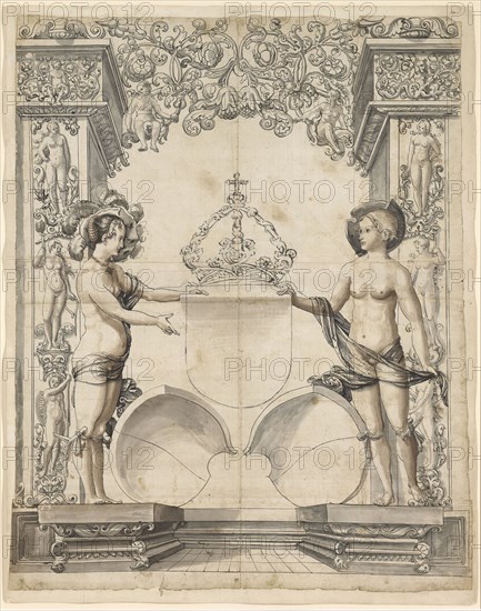 Broken glass with two naked girls as shield attendants and the coat of arms of Solothurn, 1517/1519, feather in black, gray washed, in places brush in brown, traces of a preliminary drawing with black pencil, o. M. Stichlöchlein, mounted, sheet: 68 x 55.8 cm, Not labeled, Antoni Glaser, Basel um 1480/85 – 1551 Basel