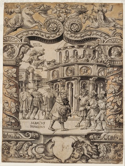 Disc rupture with the story of Marcus Manlius, below blank escutcheon, in the upper picture Fortuna and Malicia, around 1530, feather in black, gray washed, in places red chalk and with brownish yellow watercolor, laminated, sheet: 43.6 x 31.9 cm, 32.9, O. r, and l., at the personifications designated: fort hona, maliciam, in the illustration o. l .: marcum, manlium, u, ., l .: marcus, manlius, Anonym, Süddeutschland (Konstanz), 1. Hälfte 16. Jh., Christoph Bockstorffer, (zugeschrieben / attributed to), Memmingen um 1480 – vor 1553 Colmar, Matthäus Gutrecht d. J., (alternative Zuschreibung / alternative attribution), tätig in Konstanz zwischen 1506 und 1534