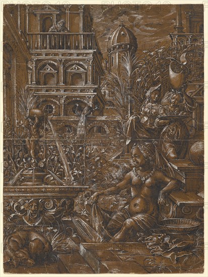 Bathsheba in Bath, 1578, feather in black, heightened with white, on dark brown primed paper, folia: 38.9 x 29 cm, U. dated on the step: 1578, including remains of a monogram: DLM [lig.], Daniel Lindtmayer d. J., Schaffhausen 1552–1603 Stans