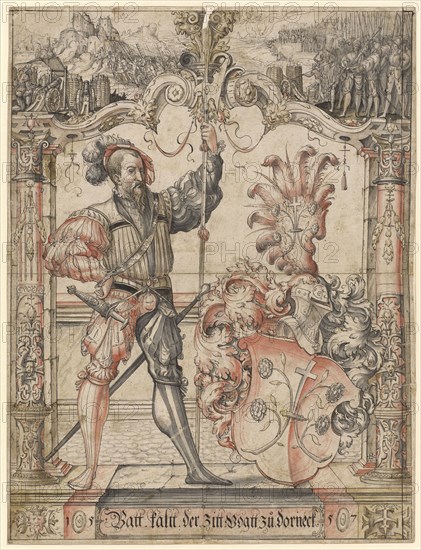 Disc tear with warrior as a shield companion and the coat of arms of Beat Cold Dorneck, Vogt of Solothurn, in the Oberbild siege of a castle (Dorneck?), 1557, feather in black, gray washed, in places with pink and olive green watercolors, old laminated, page: 44.2, x 33.4 cm |, Image: 43.4 x 32.8 cm, U. r., monogrammed on the pillar: LR [lig.], u, ., in the cartouche inscribed: Batt., Cold., the ., tremble., Vogtt., too., Dorneck, ., l, ., and r., dated: 15 57, Ludwig Ringler, Basel 1536–1606 Basel