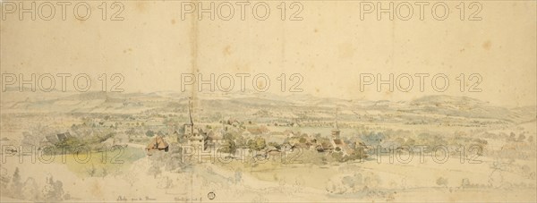 View of Belp near Bern, around 1760/80, pencil, watercolored, page: 20.4 x 54.1 cm, inscription lower left of the center: Belp pres de Berne, to the right of it signature: Aberli ad., nat., f, ., Johann Ludwig Aberli, Winterthur 1723–1786 Bern