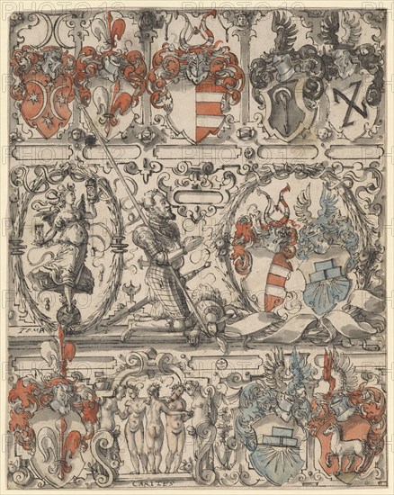 Broken glass with kneeling knight, accompanied by Tempus, and the alliance crest Gebhardt-Kriegelstein (crack for Hans Wernhardt Gebhardt 1558-1605), 1588/90, feather in black, gray washed, in places with red, blue and pink watercolors, sheet: 29.5 x, 23.5 cm, each below the figures inscribed: TEMPVS, CARITES, Hans Jakob Plepp, Biel um 1557/60 – 1597/98 wohl in Bern