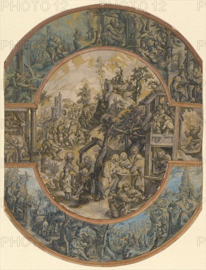 The story of Abraham, around 1590/95, feather (black), middle and side pieces gray, upper and lower marginal piece gray-blue washed, all pieces heightened in gold, glued frame in red, leaf: 42.8 x 32.1 cm, Wendel Dietterlin d. Ä., Pfullendorf/Baden 1550 oder 1551–1599 Strassburg