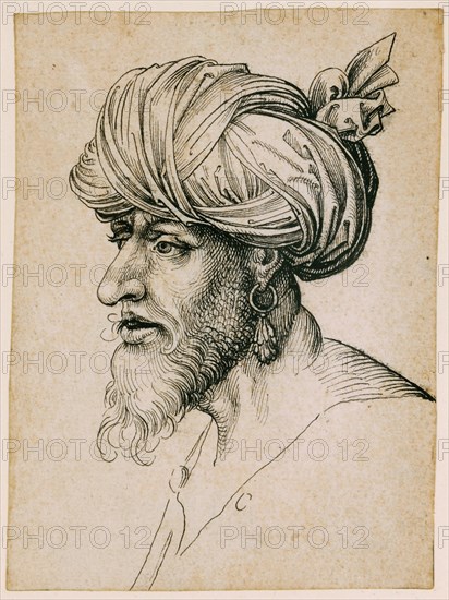 Head of a man wearing a turban, to the left, feather in black, Journal: 14 x 10.5 cm, Unmarked, Martin Schongauer, (Kopie nach / copy after), Colmar um 1445–1491 Colmar