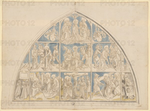 Passion scenes and recording Mariae in the sky, feather in brown, gray washed, blue (backgrounds) and green (ground) watercolored, page: 31.6 x 42.6 cm, unsigned, Hans Holbein d. Ä., (Werkstatt / workshop), Augsburg um 1460/65–1524