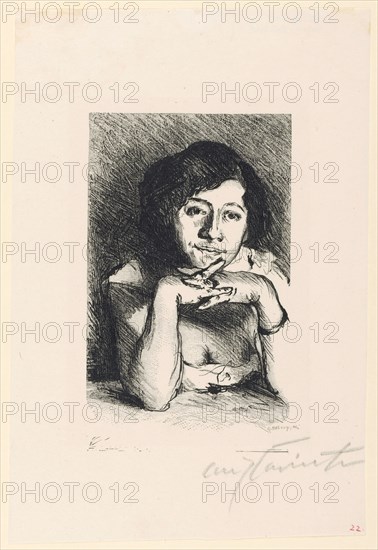 Portrait of a Woman, 1911, wood engraving, black: 15 prints, sheet: 21.9 x 14.8 cm |, Picture: approx. 13 x 8.5 cm, in print r., Signed below: R. Hoberg sc [... unreadable [, r., Signed below in pencil: Lovis Corinth, Lovis Corinth, Entwerfer, Tapiau/Ostpreussen (heute Gwardjesk, Russland) 1858–1925 Zandvoort, Reinhold Hoberg, Stecher, Berlin 1859–1932 Zingst