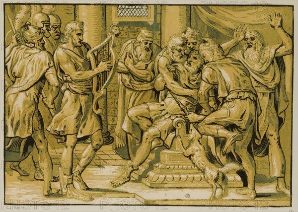 David playing the harp in front of Saul, 1555, Clair-obscur woodcut of four plates (light beige, dark beige, green and black), mounted, sheet: 33.8 x 48.2 cm (largest mass), U. r., designated and dated: SAVL I., REG., CA., XVI, FRACISCVS., FLORIS INVE [N] GATE., IVDOCE DE CVRIA EXCVDEBAT: 1555., Frans Floris de Vriendt I., Inventor, Antwerpen 1519/20–1570 Antwerpen, Jocodus de Curia, Herausgeber, tätig zweite Hälfte 16. Jh.