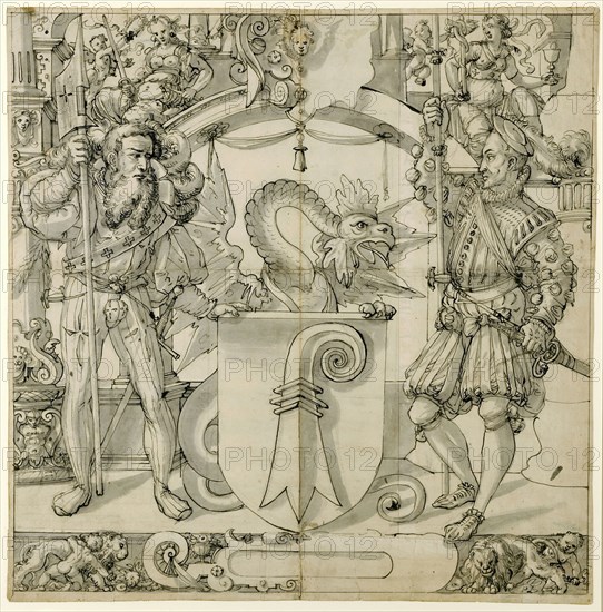 Slice with two warriors and Basler coat of arms, in the upper pictures Justitia and Fides, pen in black, gray washed, remains of a preliminary drawing with black pencil, mounted on blue paper, sheet: 53.3 x 52.7 cm |, Image: 51.8 x 51.7 cm, Not marked, Hans Jakob Plepp, Biel um 1557/60 – 1597/98 wohl in Bern