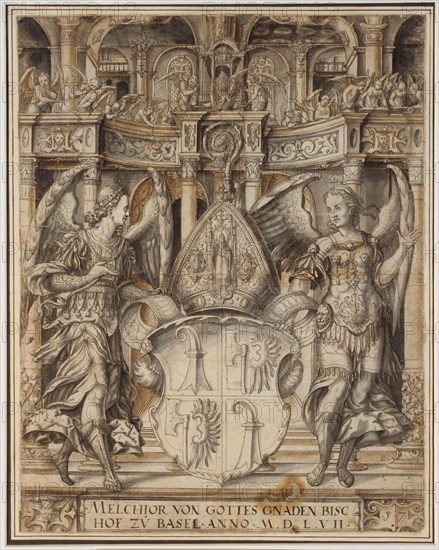 Disc rupture with two angels as shield attendants and the coat of arms of the Melchior von Lichtenfels, Prince-Bishop of Basel, above Angel Concerto, 1557, feather in gray-black, gray and brown washed, old mounted, sheet: 43.2 x 34 cm, U. inscribed and dated in the cartouche, : MELCHIOR OF GOD'S MERCY BISC, COURT ZV BASEL., ANNO., M.D.L.VII, u, ., r., monogrammed in the base: LR [lig.], underneath in cartouche: 57, Ludwig Ringler, Basel 1536–1606 Basel
