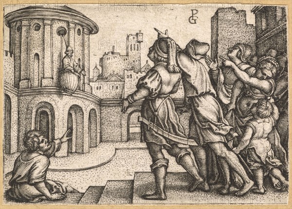 Vergil in the basket, around 1541/42, copperplate engraving on paper, mounted in adhesive tape, sheet: 5.8 x 8.2 cm (largest mass) |, Plate: 5.7 x 8.2 cm, O. r., monogrammed: GP [ligated], Georg Pencz, Nürnberg um 1500–1550 Leipzig