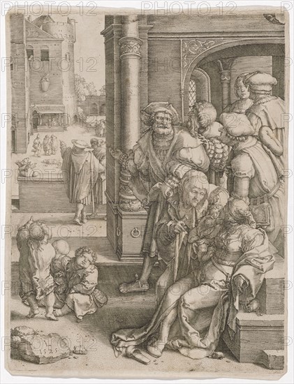 Vergil in the basket, 1525, copperplate engraving, sheet: 24.3 x 18.8 cm, U. l., Monogrammed and dated on the stone: L, 1525, Lucas van Leyden, Leiden 1494 (?) –1533 Leiden