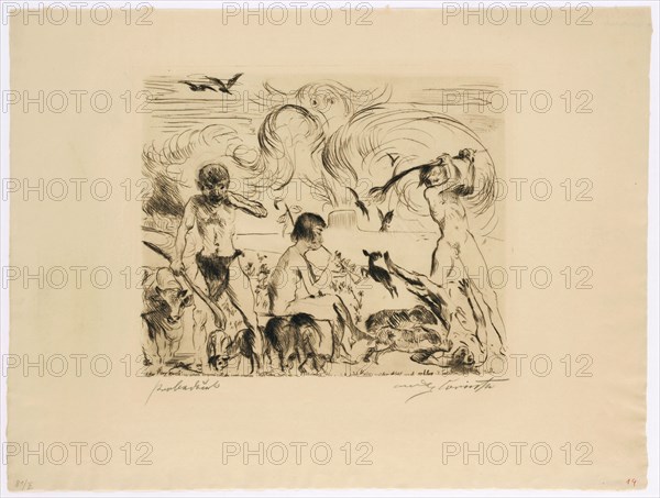 Fratricide, 1911, drypoint on Zanders laid paper (Wz r.), Proof, 2nd condition (from 2), sheet: 37.5 x 49.5 cm (largest mass) |, Image: 23 x 28 cm, L. inscribed with a pencil in pencil: proof, r., Signed below: Lovis Corinth, Lovis Corinth, Tapiau/Ostpreussen (heute Gwardjesk, Russland) 1858–1925 Zandvoort