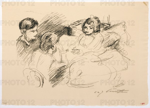 Woman of the artist with Thomas and Mine, lithograph, sheet: 31 x 43.3 cm (largest mass), R. signed below: Lovis Corinth, Lovis Corinth, Tapiau/Ostpreussen (heute Gwardjesk, Russland) 1858–1925 Zandvoort