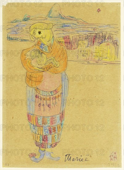 Marieë, c. 1921, pen in blue-gray and colored pencil over pencil on brownish paper, material glued to the cheek of the figure, leaf: 20.2 x 14.5 cm (largest mass), with feather in blue-gray u., r., designated by the representation: Marieë, Else Lasker-Schüler, Elberfeld (heute Wuppertal) 1869–1945 Jerusalem