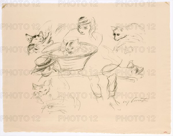 Two girls with cats, lithograph (watermark: BERGISCH, GLADBACH), sheet: 40.5 x 51.5 cm (largest mass), R. under the illustration signed in pencil: Lovis Corinth, Lovis Corinth, Tapiau/Ostpreussen (heute Gwardjesk, Russland) 1858–1925 Zandvoort
