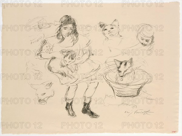 Girl with cats, lithograph (watermark: lion), leaf: 38 x 51.6 cm (largest mass), R. under the illustration signed in pencil: Lovis Corinth, Lovis Corinth, Tapiau/Ostpreussen (heute Gwardjesk, Russland) 1858–1925 Zandvoort