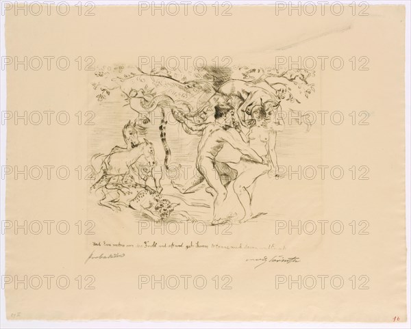 Fall of Man, 1911, drypoint (WZ: J W. ZANDERS), proof, only condition, leaf: 39 x 49.4 cm |, Plate: 24.3 x 30.1 cm, inscribed in the plate in the middle below within the representation: And Eve took of the fruit and ass and gave her husband also of it and he ass ., r., signed in pencil with the inscription: Lovis Corinth, l, ., under the representation in pencil designates: proof, Lovis Corinth, Tapiau/Ostpreussen (heute Gwardjesk, Russland) 1858–1925 Zandvoort
