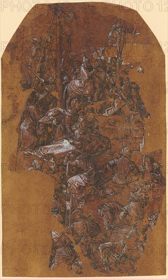 Calvary (fragment), fish louse, drawing with pen or brush in black, heightened with white, on transparent material (gelatin), Numerous juxtaposed fragments, on brownish-tinted paper, fixed, leaf: 24.6 x 14.7 cm (largest mass of the image carrier), not marked, Albrecht Dürer, (Kopie / copy), Nürnberg 1471–1528 Nürnberg