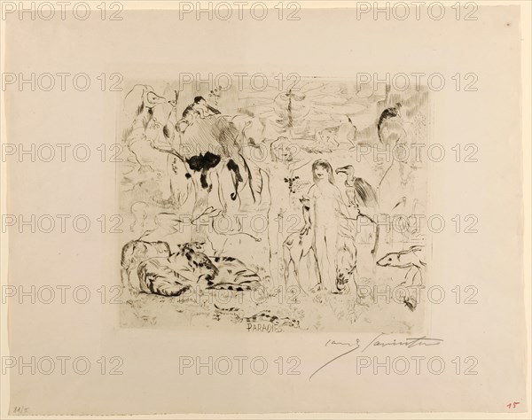 Paradise, 1911, drypoint (watermark: H ANTIQUE), [which condition?], Folia: 38 x 48.1 cm (largest mass) |, Plate:., 24.8 x 29.8 cm, in the plate u., inscribed in the middle: PARADISE ., r., Signed below in pencil: Lovis Corinth, Lovis Corinth, Tapiau/Ostpreussen (heute Gwardjesk, Russland) 1858–1925 Zandvoort