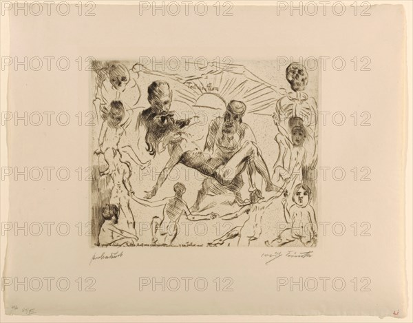 Adam's death, 1911, drypoint with surface tone (watermark: J W ZANDERS), proof, [which condition?, (from 3)], sheet: 39.6 x 50 cm (largest mass) |, Plate: 24.8 x 29.8 cm, O. inscribed in the center in the plate: Todt of Adam, u, ., inscribed in the plate: And begat Soehne u., Daughter, that his whole age was 930 years and died, R. signed in pencil with the inscription: Lovis Corinth, l, ., under the representation in pencil designates: proof, Lovis Corinth, Tapiau/Ostpreussen (heute Gwardjesk, Russland) 1858–1925 Zandvoort