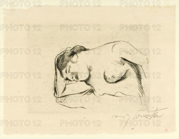 Female nude, asleep, 1910, drypoint on thin translucent paper, [which condition?, (Of 3)], Black: Only 12 Prints, Sheet: 16.5 x 21.8 cm (largest mass) |, Plate: 11.9 x 16 cm, R. under the illustration signed in pencil: Lovis Corinth, Lovis Corinth, Tapiau/Ostpreussen (heute Gwardjesk, Russland) 1858–1925 Zandvoort