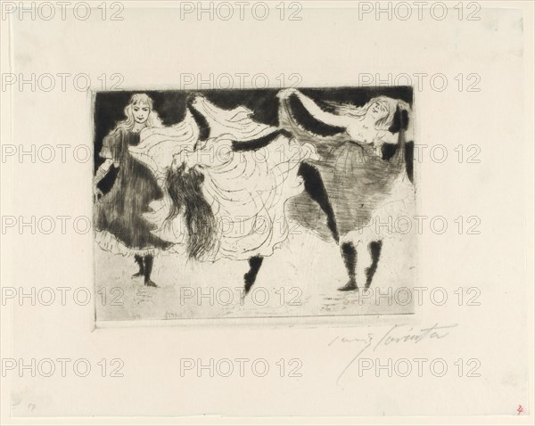 Dancers, 1895, Vernis mou and Roulette on thin translucent paper, 2nd condition (from 2), sheet: approx. 24 x 30.2 cm |, Plate: 14.6 x 19.7 cm, U. l., monogrammed and dated in the plate: LC [ligated] 95, r., Signed below in pencil: Lovis Corinth, Lovis Corinth, Tapiau/Ostpreussen (heute Gwardjesk, Russland) 1858–1925 Zandvoort