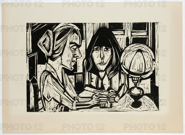 Intérieur with two women - Two women with lamp, 1924 (print before 1929), woodcut on paper, 3rd condition (from 3), sheet: 58.5 x 80.4 cm |, Image: 40.3 x 60 cm, Albert Müller, Basel 1897–1926 Obino/Tessin