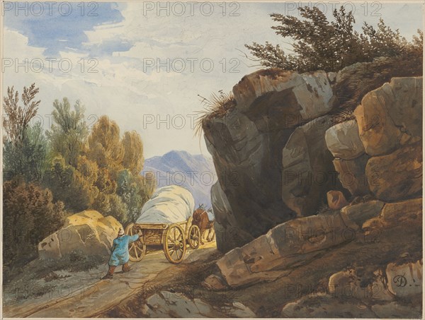 High loaded wagon on mountain path, pencil, watercolor, mounted, leaf: 19.1 x 25.4 cm, U. r., monogrammed with a brush: FD [ligated], on the base sheet u., l, ., signed with pen: F. Diday, inscribed in pencil on the back: hem, François Diday, Genf 1802–1877 Genf