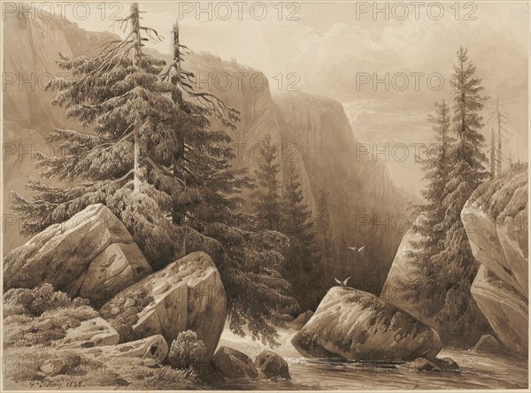 Mountain stream between rocks, 1848, pencil, brush in brown, washed, opaque white, leaf: 23.6 x 32 cm, U. r., Signed and dated in brown with pen: F. Diday 1848., François Diday, Genf 1802–1877 Genf