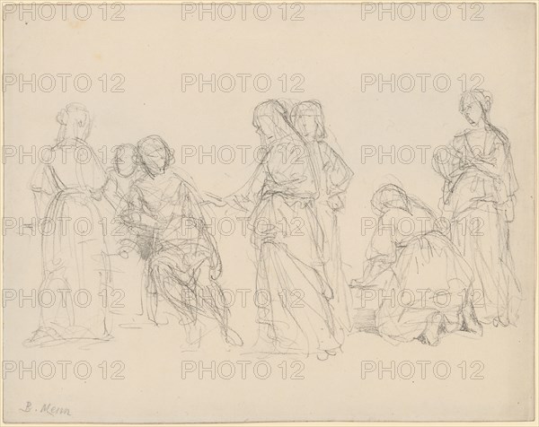 Composition sketch with six women in front of a seated man, chalk in black and brown, sheet: 18.1 x 22.9 cm, U. l., Signed in pencil: B. Menn, Barthélemy Menn, Genf 1815–1893 Genf